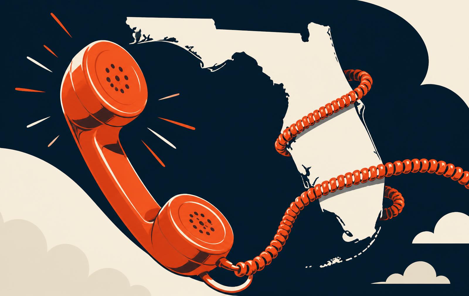 Illustration of an orange telephone handset with its cord wrapped around the state of Florida