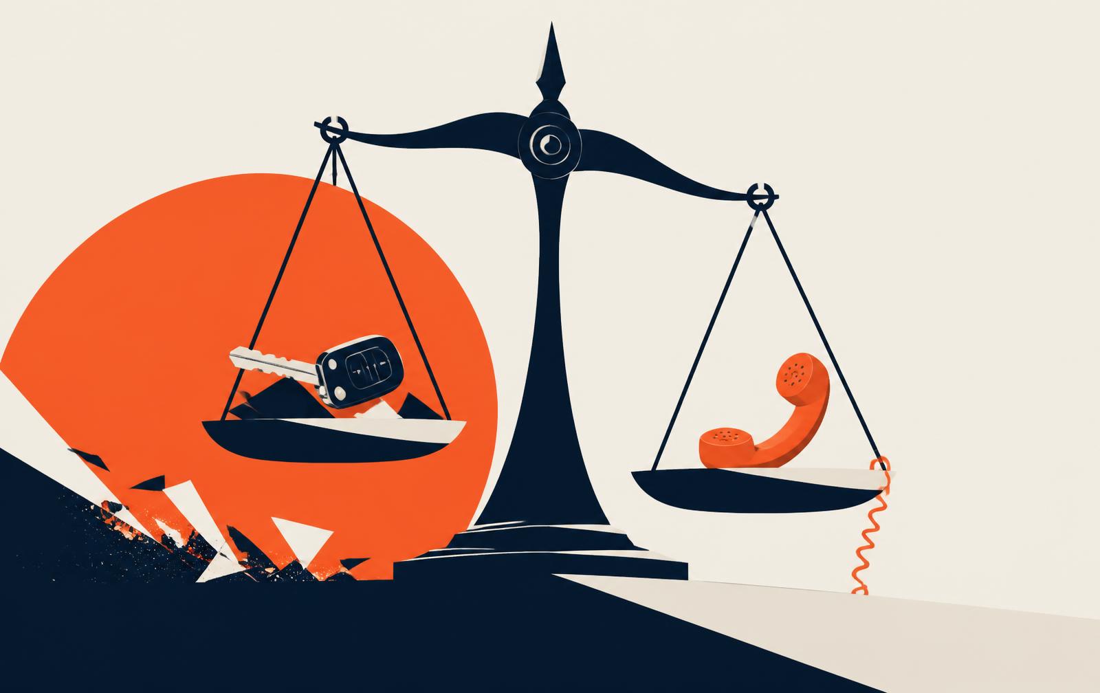 Illustration of scales weighing crash damage against an orange telephone handset